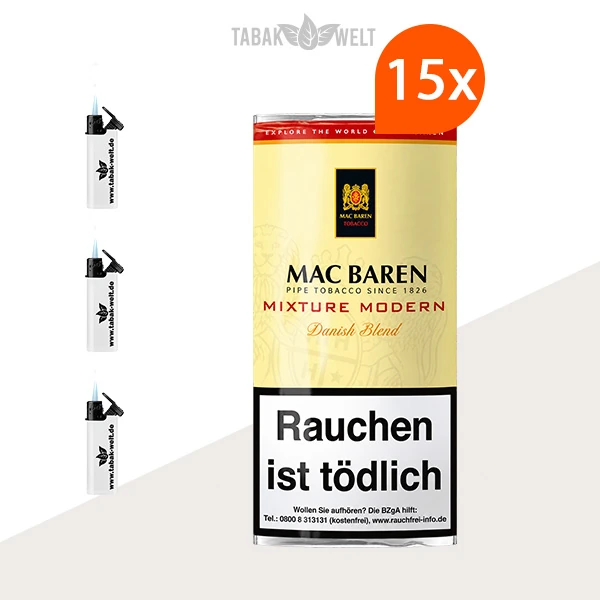 Mac Baren Mixture Modern Pfeifentabak 15er-Pouch-Set mit Feuerzeugen