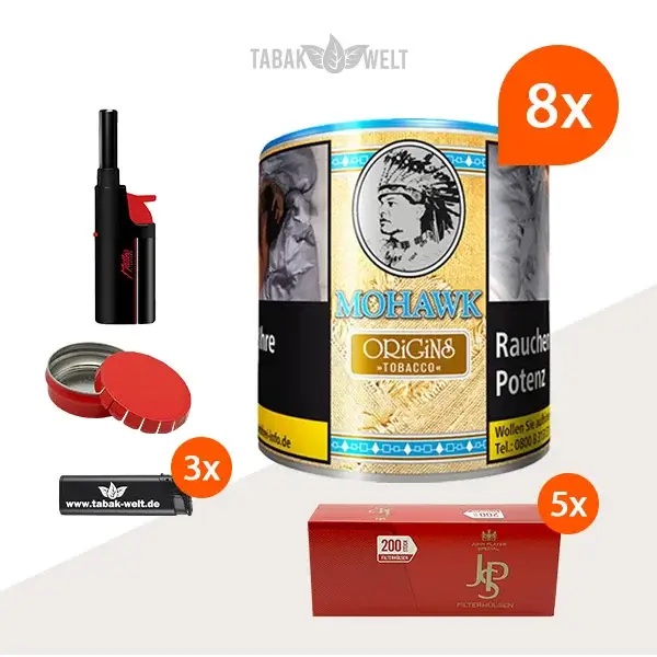 mohawk-origins-feinschnitt-tabak-5x-dose-mit-1000-king-size-huelsen-und-feuerzeugen