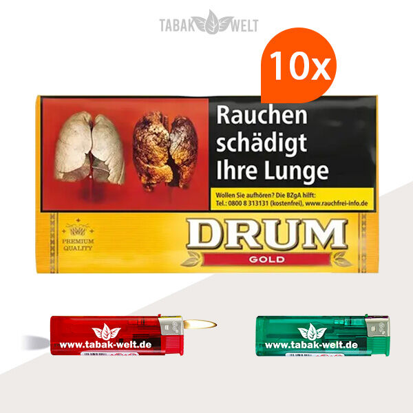 Drum Feinschnitt-Tabak Gold 10x Pouch mit Feuerzeugen Drum Feinschnitt-Tabak Gold 10x Pouch mit Feuerzeugen