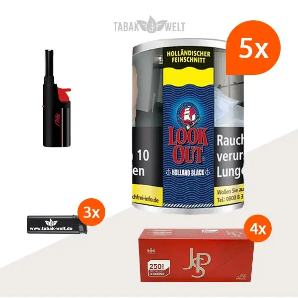 look-out-holland-black-feinschnitt-tabak-5x-dose-mit-1000-special-size-huelsen-und-stabfeuerzeug