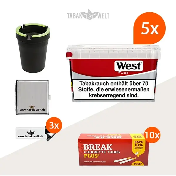 west-red-volumentabak-5x-mega-box-mit-2000-plus-huelsen-und-auto-aschenbecher