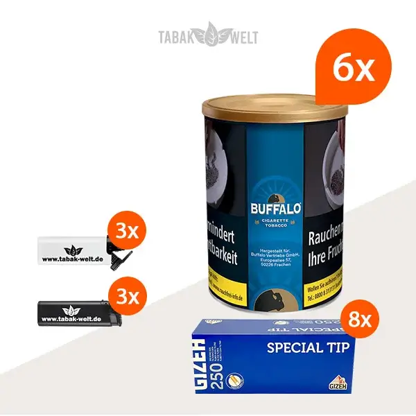 Buffalo Blau Feinschnitttabak 6x Dose mit 2000 Special Tips Extra Hülsen Buffalo Blau Feinschnitttabak 6x Dose mit 2000 Special Tips Extra Hülsen