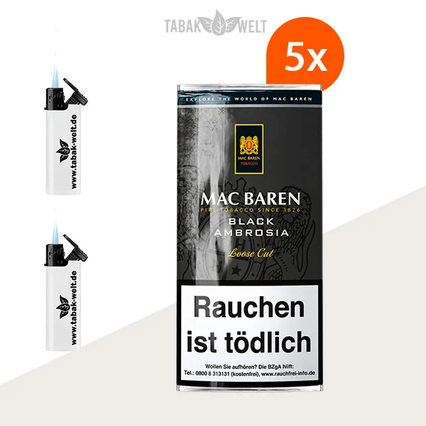 Mac Baren Black Ambrosia Pfeifentabak – 5 x Pouch mit Feuerzeugen