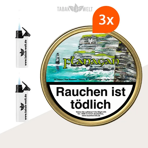 HU Tobacco Flanagan Flake Pfeifentabak 3 Dosen mit Feuerzeugen