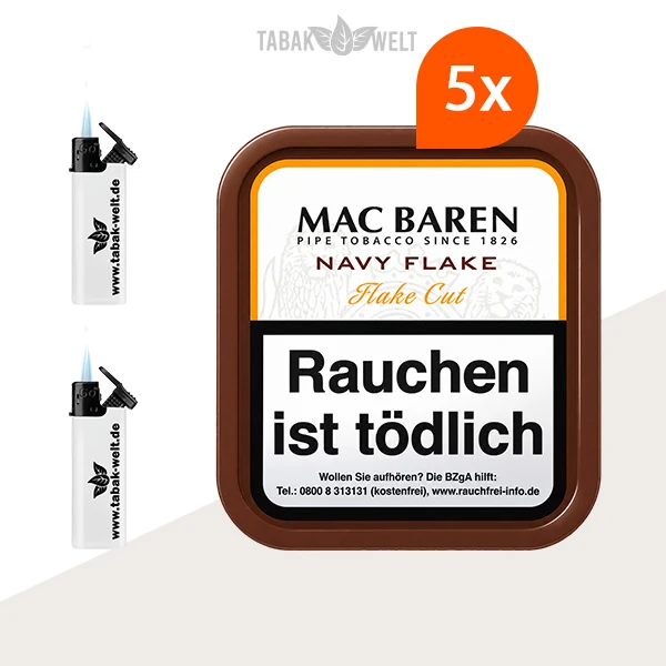 Mac Baren Navy Flake Pfeifentabak – 5x Pouch mit Feuerzeugen