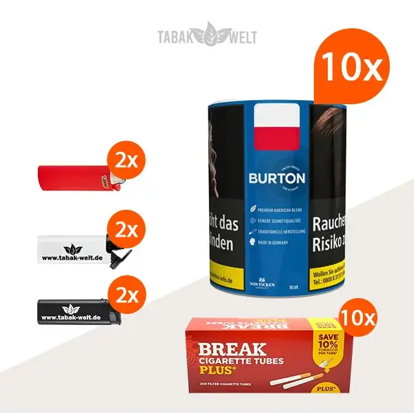 Burton Blue Feinschnitt-Tabak 10x Dose mit 2000 Plus Hülsen 
