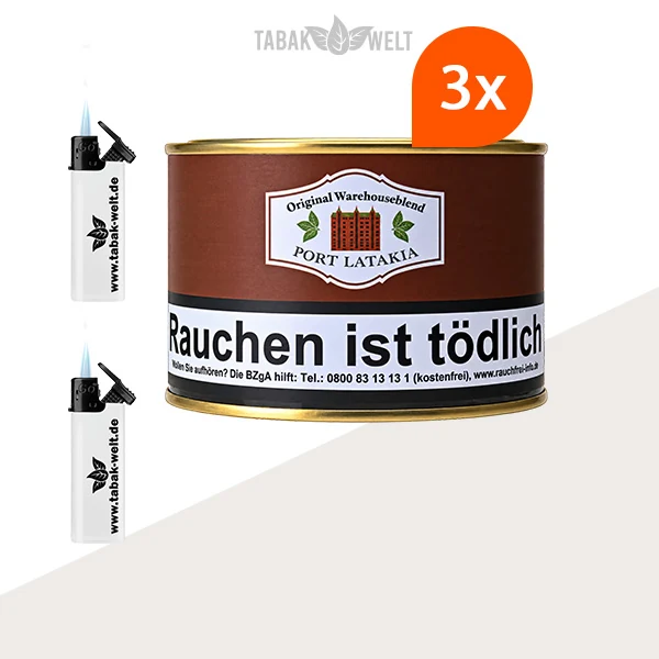 HU Tobacco Port Latakia Pfeifentabak – 3 Dosen mit Feuerzeugen im Set