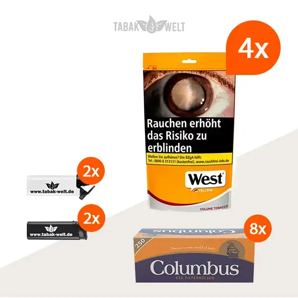west-yellow-volumentabak-4x-grosse-beutel-mit-2000-columbus-filterhuelsen