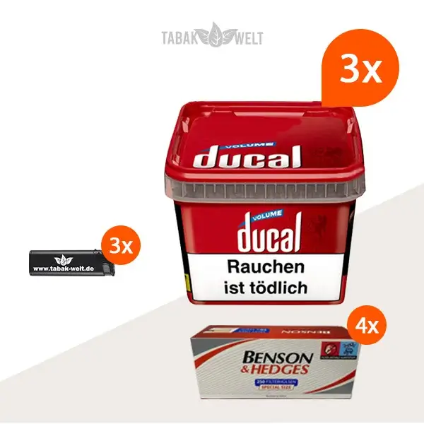 ducal-red-volumentabak-3x-eimer-mit-1000-huelsen-und-feuerzeugen