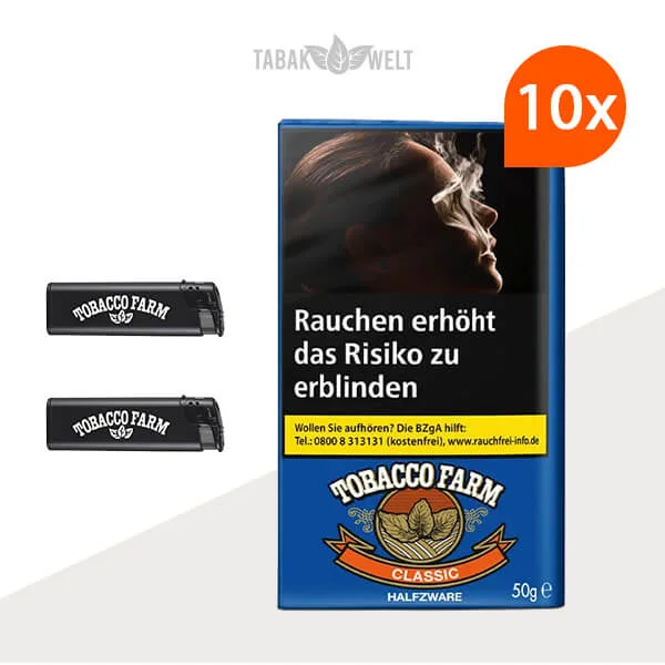 Tobacco Farm Halfzware Tabak 10 x Pouch mit Feuerzeugen