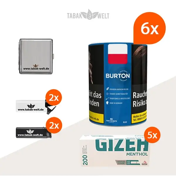 burton-blue-feinschnitt-tabak-6x-dose-mit-1000-menthol-huelsen-und-etui
