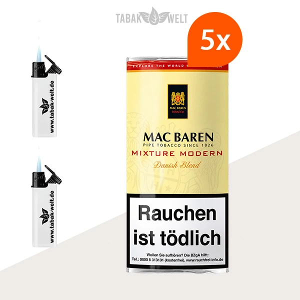 Mac Baren Mixture Modern Pfeifentabak 5er-Pouch-Set mit Feuerzeugen