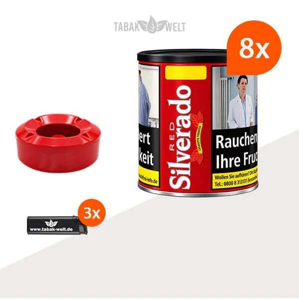 Silverado Red Cigarette Tobacco Wide Cut im 8er-Pack mit acht Dosen und Aschenbecher