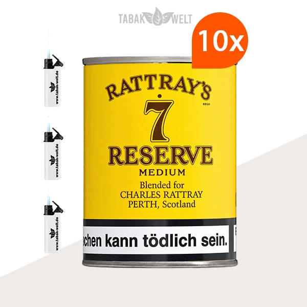Rattray’s British Selection 7 Reserve Pfeifentabak – 10er-Box mit Feuerzeugen