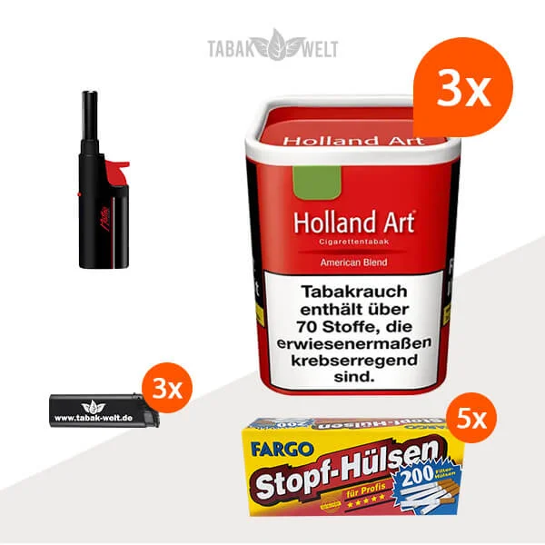Holland Art American Blend Rot Feinschnitt Tabak 3x Dose mit 1000 King Size Hülsen und Stabfeuerzeug
