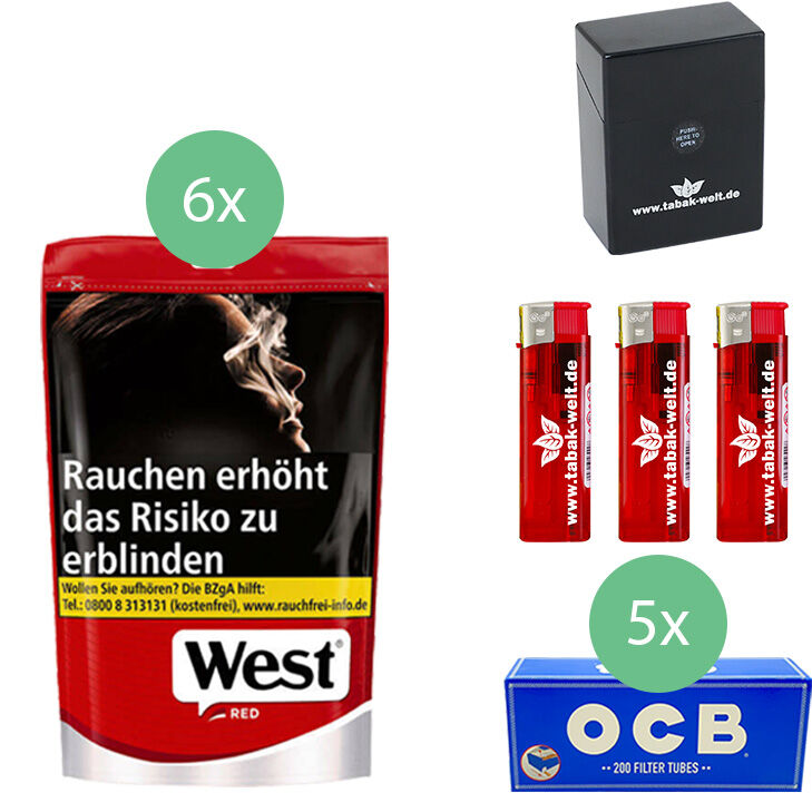 West Tabak XL Red 6 x Beutel mit 1000 OCB King Size Hülsen