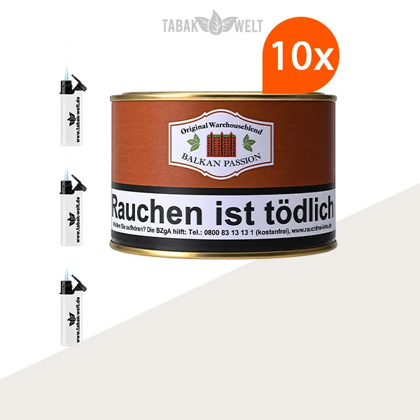 HU Tobacco Balkan Passion Pfeifentabak, 10 Dosen mit Feuerzeugen