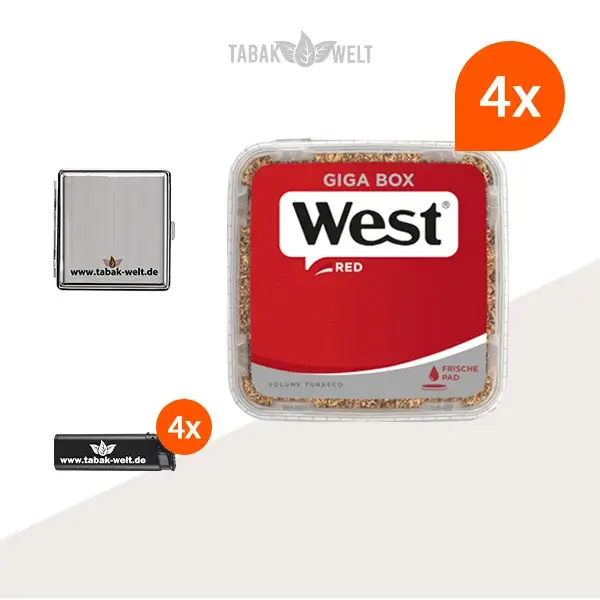 west-red-volumentabak-4x-giga-box-mit-etui-und-feuerzeugen