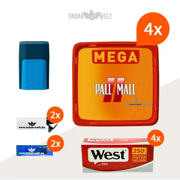 Pall Mall Allround Red Volumentabak 4x Mega Box mit 1000 Special Size Hülsen und Etui 