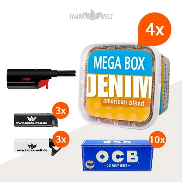 denim-volumentabak-4x-mega-box-mit-2000-king-size-huelsen-und-stabfeuerzeug