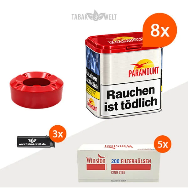Paramount Red Volumentabak 8 x Dose mit 1000 Extra Size Hülsen und Feuerzeugen