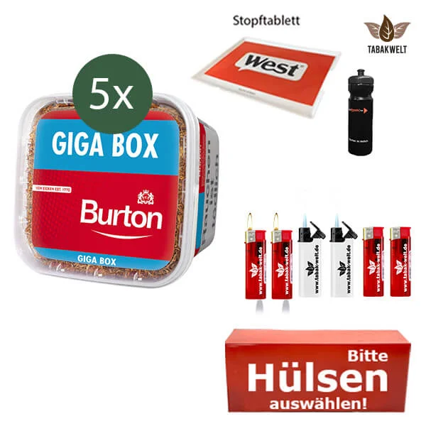 Burton Volumentabak Red 5 x Giga Box mit wählbaren Hülsen und Sportflasche