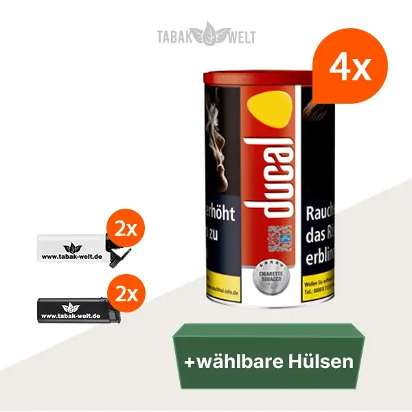 ducal-red-feinschnitt-tabak-4x-dose-mit-waehlbaren-huelsen-und-feuerzeugen