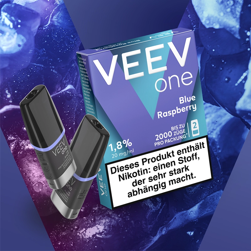 veev one pods multipack blue raspberry auf violettem hintergrund mit zwei pods