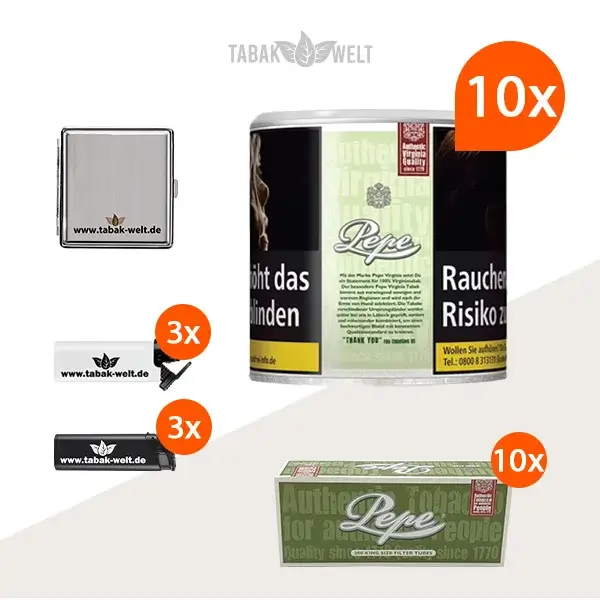 Pepe Bright Green  Feinschnitt-Tabak 10x Dose mit 2000 King Size Filterhülsen