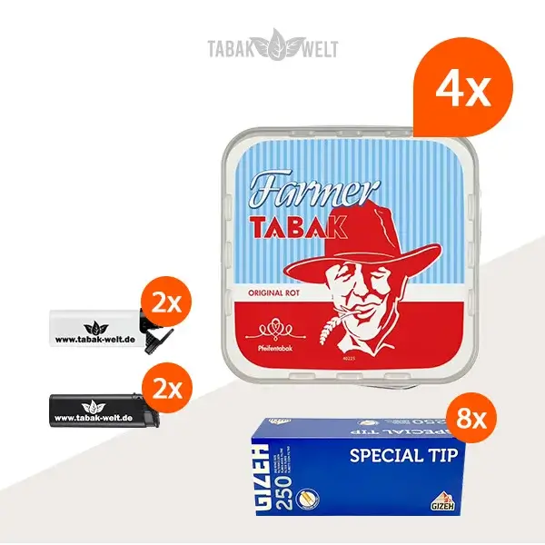 Farmer Original Rot Pfeifentabak 4x Eimer mit 2000 Special Tip Hülsen
