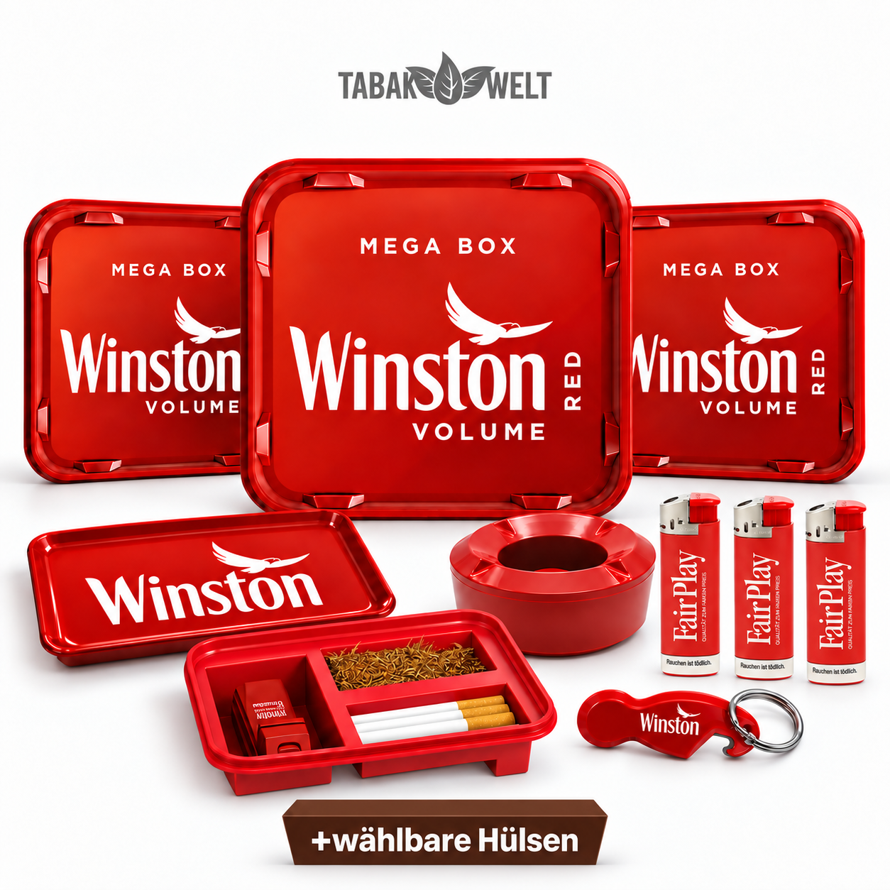 Winston Red Volumentabak 3x Mega Box mit wählbaren Hülsen und Aktionzubehör