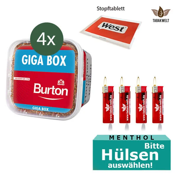 Burton Volumentabak Red 4 x Giga Box mit wählbaren Menthol Hülsen