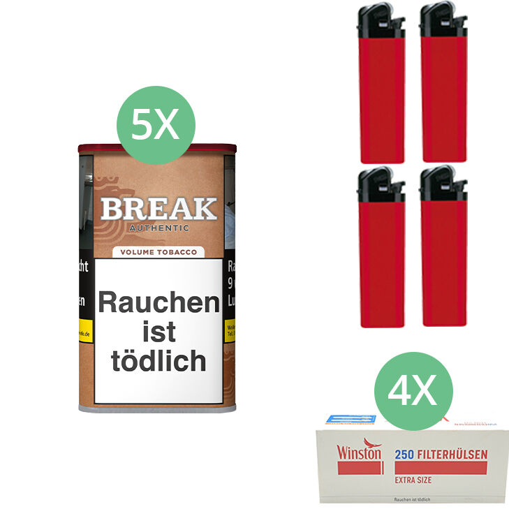 Break Authentic Tabak 5 x Dose mit 1000 Extra Size Hülsen