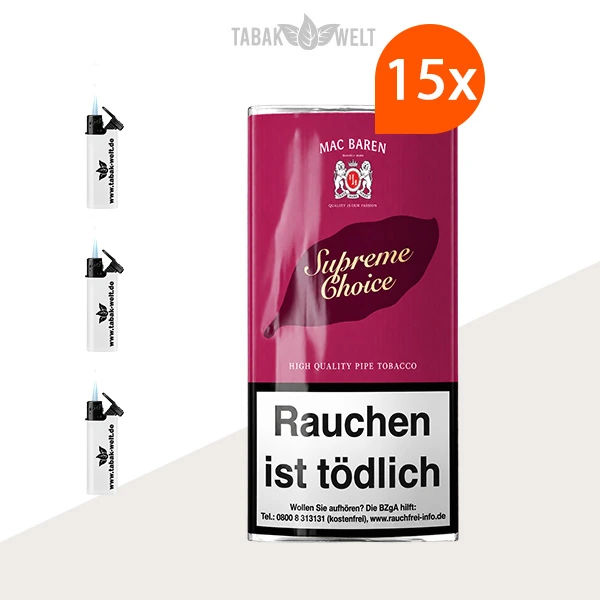 Mac Baren Supreme Choice Pfeifentabak – 15 Pouches mit Feuerzeugen