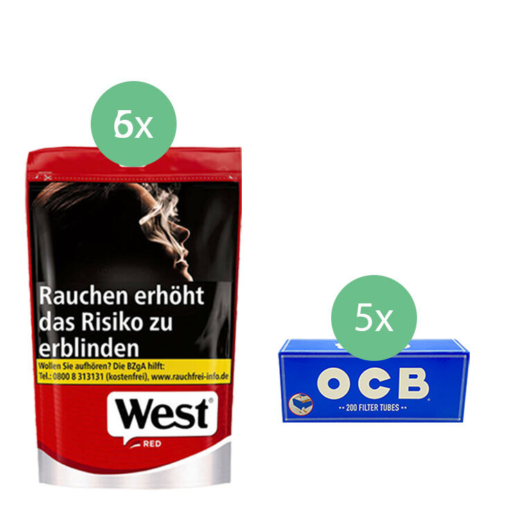 West Tabak XL Red 6 x Beutel mit 1000 OCB King Size Hülsen