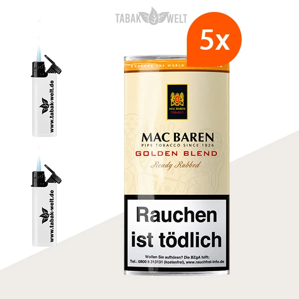 Mac Baren Golden Blend Pfeifentabak 5er-Pouch-Set mit Feuerzeugen