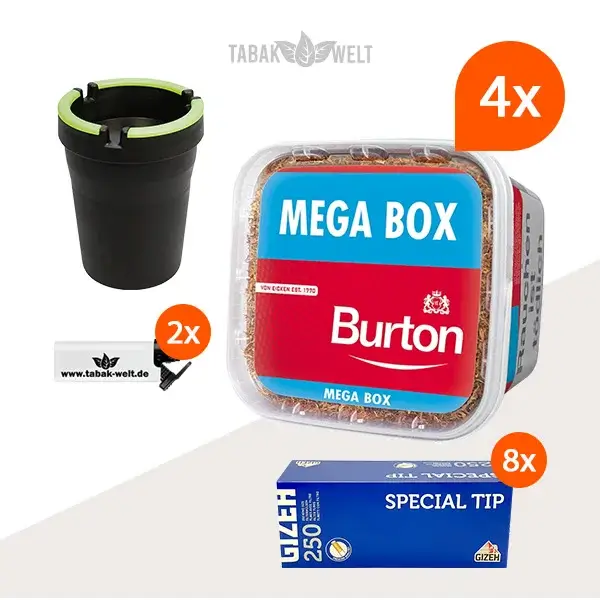 Burton Red Volumentabak 4x Mega Box mit 2000 Special Tip King Size Filterhülsen und Auto-Aschenbecher 