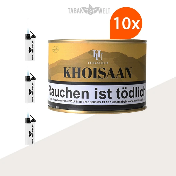 HU Tobacco Khoisaan Pfeifentabak – 10 Dosen mit Feuerzeugen im Set