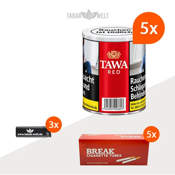 Tawa Red Feinschnitt Tabak – 5 Dosen mit 1000 Zigarettenhülsen
