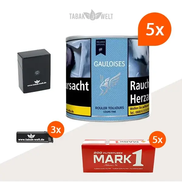 Gauloises Mélange Original Feinschnitt Tabak 5x Dose mit 1000 King Size Hülsen und Zubehör
