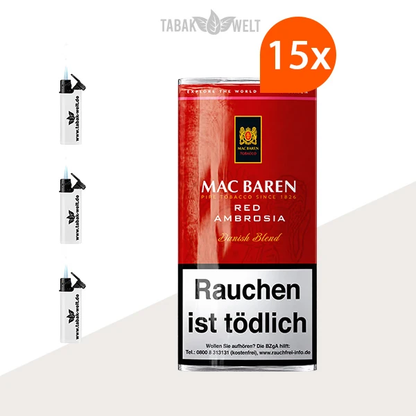 Mac Baren Red Ambrosia Pfeifentabak – 15 Pouches mit Feuerzeugen