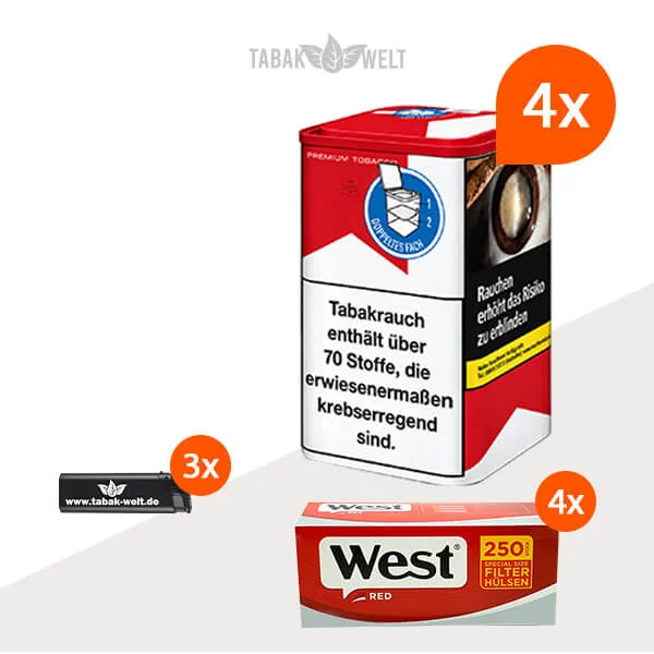Marlboro Red Feinschnitt-Tabak 4x Dose mit 2000 Special Size Filterhülsen und Feuerzeugen