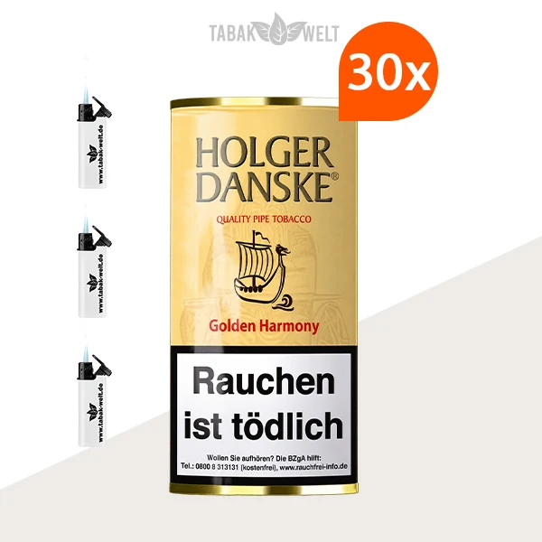Holger Danske Golden Harmony Pfeifentabak – 30 Pouches mit Feuerzeugen im Set
