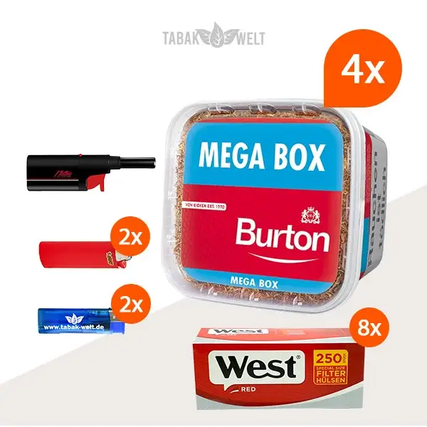 burton-red-volumentabak-4x-mega-box-mit-2000-special-size-huelsen-und-stabfeuerzeug