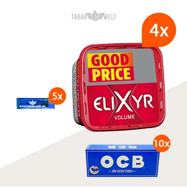 Elixyr Volumentabak Red 4 x Eimer mit 2000 OCB Hülsen und Feuerzeugen