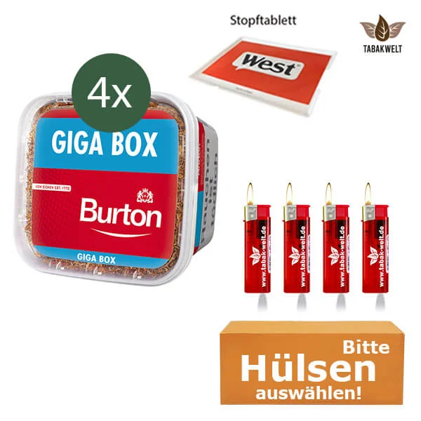 Burton Volumentabak Red 4 x Giga Box mit wählbaren Hülsen und Stopftablett
