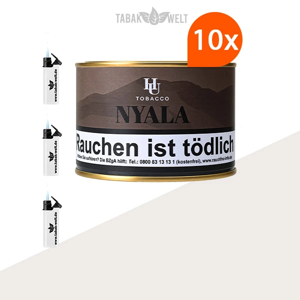 HU Tobacco Nyala Pfeifentabak – 10 Dosen mit Feuerzeugen im Set
