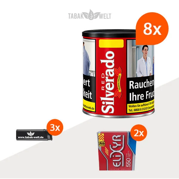 Silverado Red Cigarette Tobacco Wide Cut im 8er-Pack mit acht Dosen und insgesamt 1.100 Hülsen