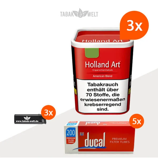 Holland Art American Blend Rot Feinschnitt Tabak 3x Dose mit 1000 King Size Filterhülsen