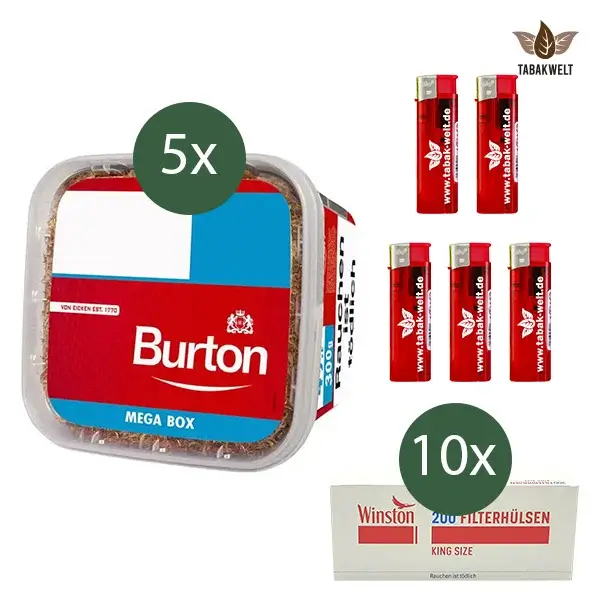 Burton Volumentabak Red 5 x Mega Box mit 1000 Winston King Size Hülsen